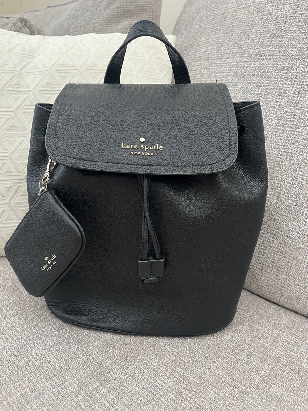 kate spade Black Pebble Leather Drawstring Backpack with Coin Pouch